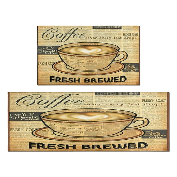 Coffee Mug Vintage Design Kitchen Rug Set Of 2,Kitchen Rugs Mats with Dirty Resistance,washable,Non-Slip,kitchen Mats 17.7x24+17.7x48inch