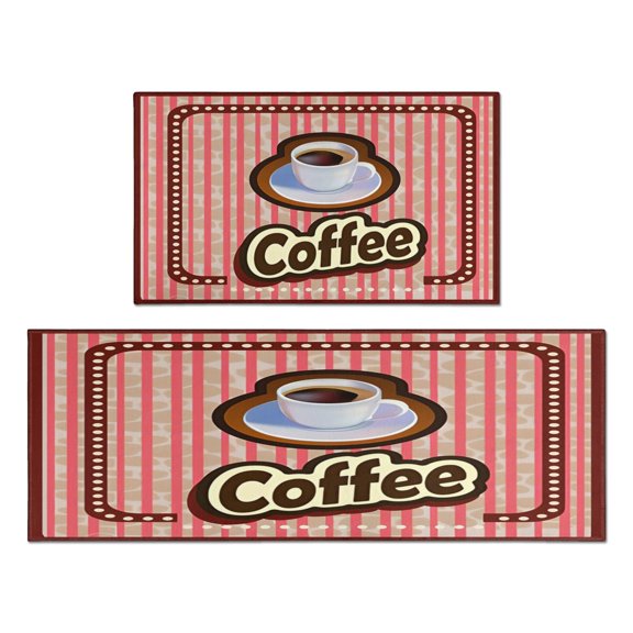 Coffee Mug Vintage Design Kitchen Rug Set Of 2,Kitchen Rugs Mats with Dirty Resistance,washable,non Skid,kitchen Mats 17.7x24+17.7x48inch