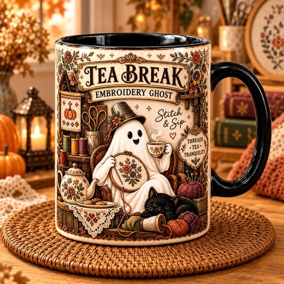 Coffee Mug, Vintage Embroidery Ghost Tea Break Design