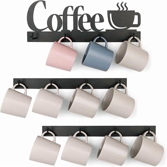Coffee Mug Wall Rack, Coffee Cup Holder Wall Mounted with 12 Heavy Duty Hooks and Metal Coffee Sign, Rustproof Tea Cup Hanger Display Decor for Coffee Bar, Kitchen, Office