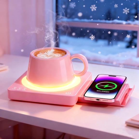 Coffee Mug Warmer for Desk with 15W Wireless Charging Pad, Electric Cup Warmer 3 Temp Settings, Smart Candle Heat Plate, Home Office & Coffee Lover Gifts for Women Valentine's Day Gift for Her, Pink