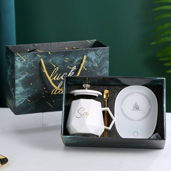 Coffee Mug Warmer & Unique Marbling Mug Set, Smart Heated Electric Cup Warmer for Desk Office,Coffee Tea Beverage Warmer,Christmas Birthday Gifts for Man&Woman (White)