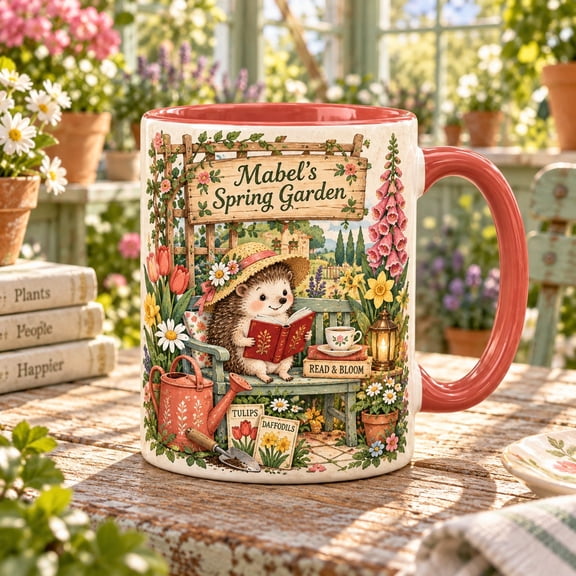 Coffee Mug, Whimsical Spring Garden Hedgehog Reading Design