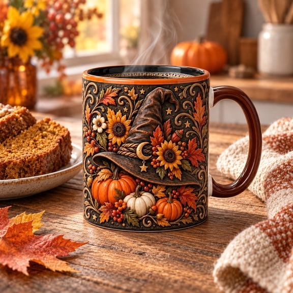 Coffee Mug Witch Hat, Pumpkins and Autumn Florals for Cozy Drinks, Halloween Gift