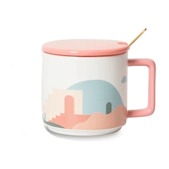 Coffee Mug With Lid And Spoon Set Of 1, Pink and Brown Coffee Mug, Capacity 15.22 oz for Milk Cup and Breakfast Cup