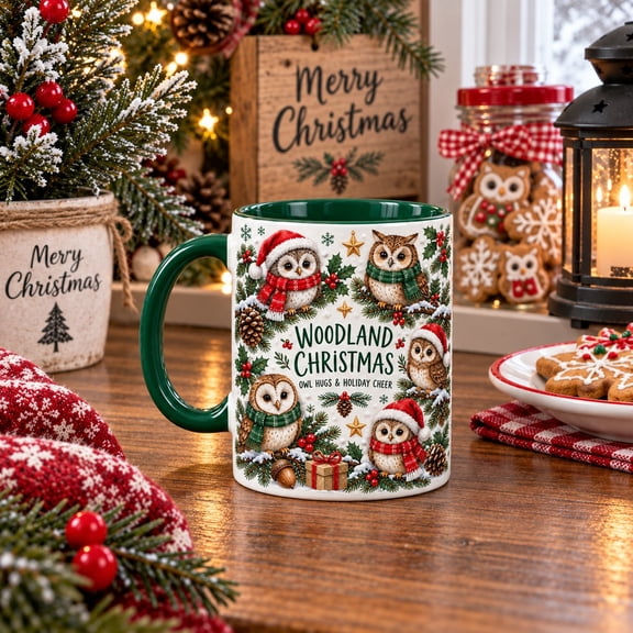 Coffee Mug, Woodland Christmas Owls, Ceramic Holiday Drink Cup for Winter Gift Giving