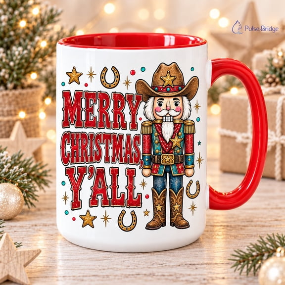 Coffee Mug Y'all Are Nuts Christmas Cowboy Nutcracker Holiday Drinkware for Western Hosts