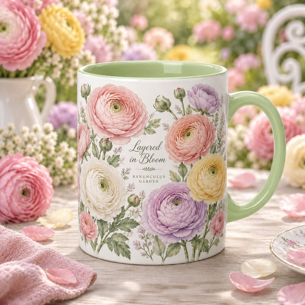 Coffee Mug with Layered Pastel Ranunculus Flowers for Daily Drinks ...