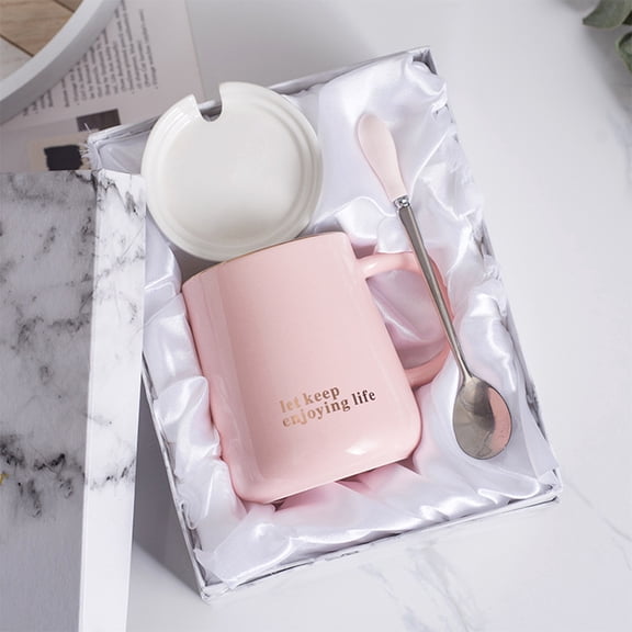 Coffee Mug with Lid & Spoon, Pink Engraved Gift Mug for Mom, 15oz Ceramic