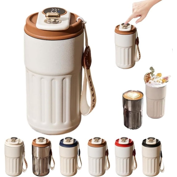 Coffee Mug with Temperature Display, Portable Reusable Coffee Mug with Leak-Proof Lid for Keep Hot/Ice, for Travel, Car, Office (Curry)