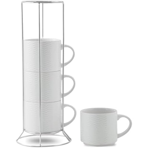 Coffee Mugs 12 OZ Ceramic Cups Set of 4, Stackable Embossed Coffee Cups with Rack, Porcelain Coffee Cups for Latte, Cappuccino, Mocha, Cocoa, Americano, Hot Tea and Milk, White