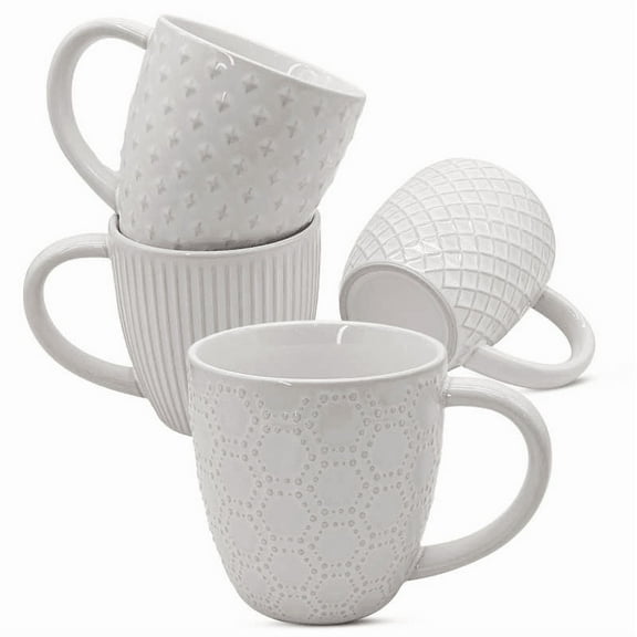 Coffee Mugs 12 oz,Ceramic Mug Set, Embossment Cups for Latte, Hot Tea, Cappuccino, Mocha, Cocoa, Dishwasher Safe, Suit For Housewarming Wedding-  Set of 4, Arctic White