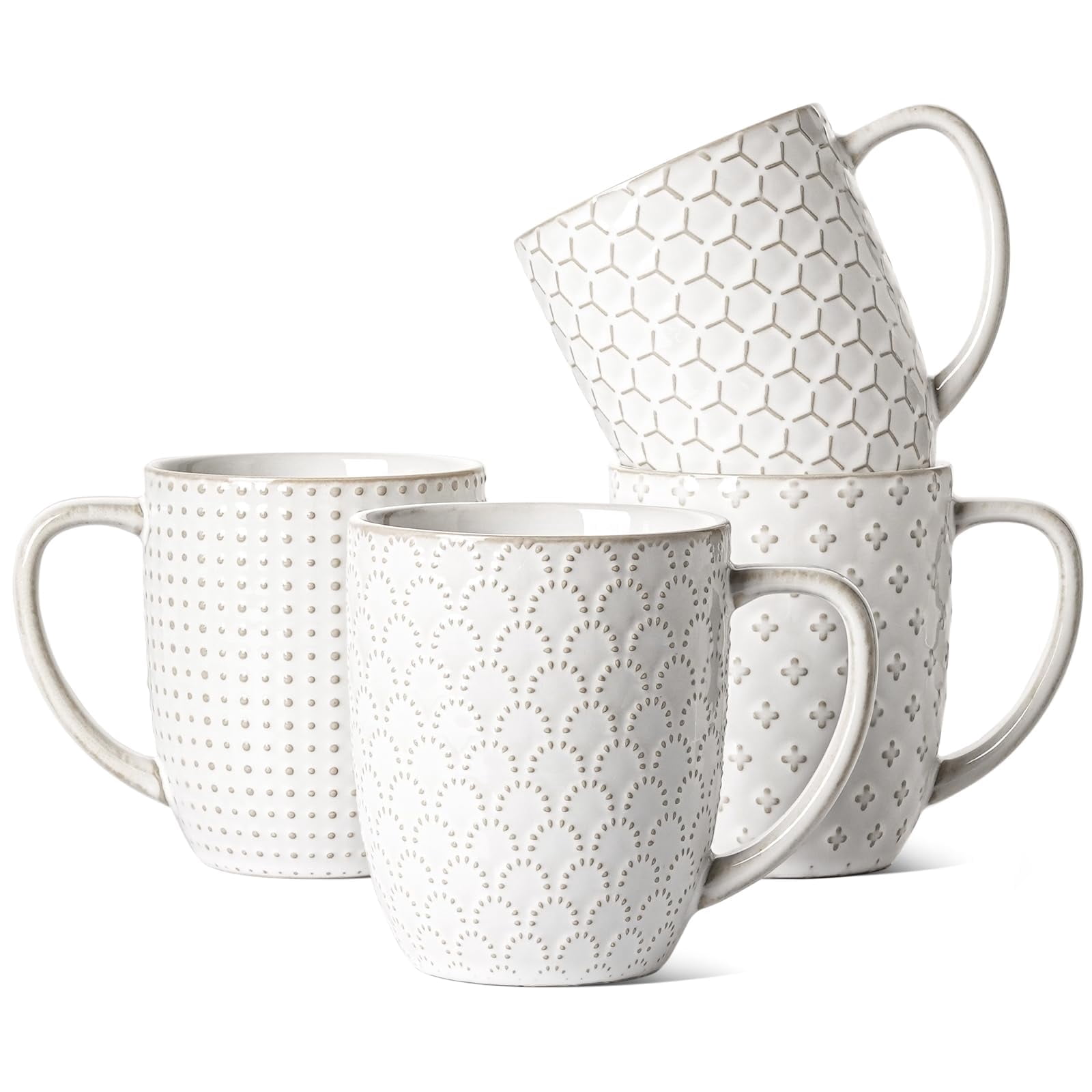Coffee Mugs 12 oz, Ceramic Mug Set Set of 4, Embossment Cups for Espresso, Latte, Tea, Cocoa, Cappuccino & Mocha, Dishwasher Oven Microwave Safe - 3.4 inch, Arctic White