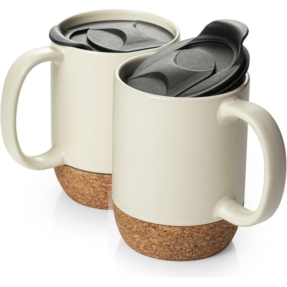 Coffee Mugs, 15 oz Mug Set of 2, Large Ceramic Coffee Mugs with Cork Bottom and Spill-Proof Lids, Perfect for Mom and Dad, Large Mugs for Coffee, Latte, Tea, Beige