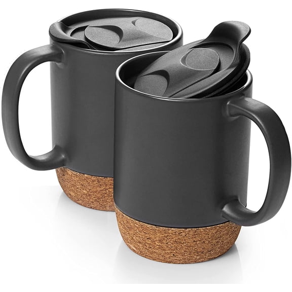 DOWAN Coffee Mugs, 15 oz Mug Set of 2, Large Ceramic with Cork Bottom and Spill Proof Lid for Mom Dad, Big Latte Tea, Matte Grey