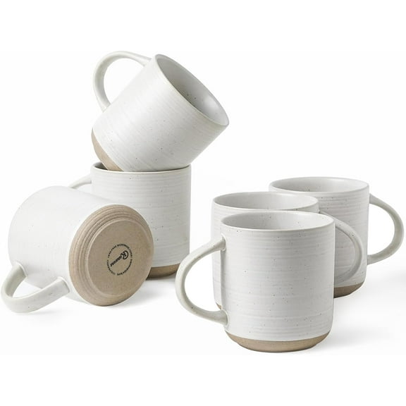 Neutral White 16 oz Stoneware Coffee Mugs Set of 6, Microwave Dishwasher Safe Ceramic Cups for Housewarming Wedding Gift