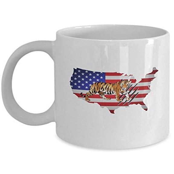 American Flag 11 oz Coffee Mug - Tiger Gift Ideas White Ceramic