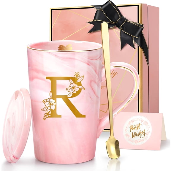 Coffee Mugs - Birthday Gifts for Women, Personalized Initial Customized Mug Cup with Lid 14 Oz , Spoon Greeting Card, Luxury -Boxed Christmas for Her Wife Mom Grandma ,R