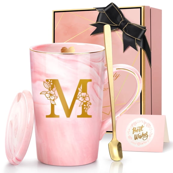 Coffee Mugs - Birthday Gifts for Women, Personalized Initial Mug 14 Oz PinkTea Cup with Lid Spoon Greeting Card, Luxury Gift-Boxed Christmas Gift for Her Wife Mom Grandma Friend Unique,M Y114
