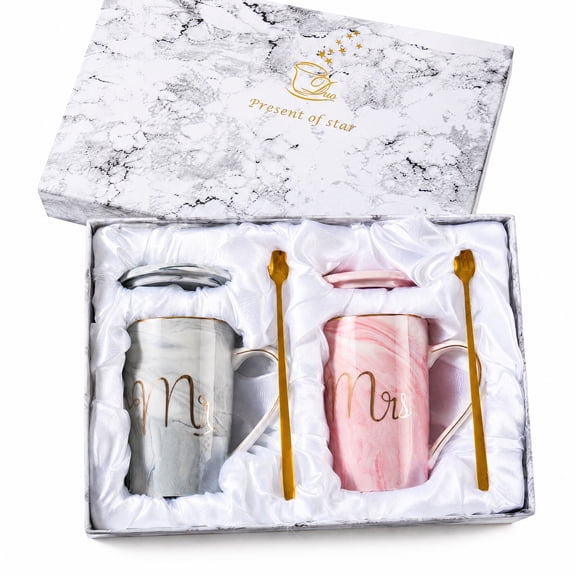 Coffee Mugs for Bride and Groom, Wedding Engagement Gift Mugs Mr/Mrs Letters Coffee Cups for Anniversary Married Couples Ceramic Marble Cup with lid and Spoon Set 14 Oz