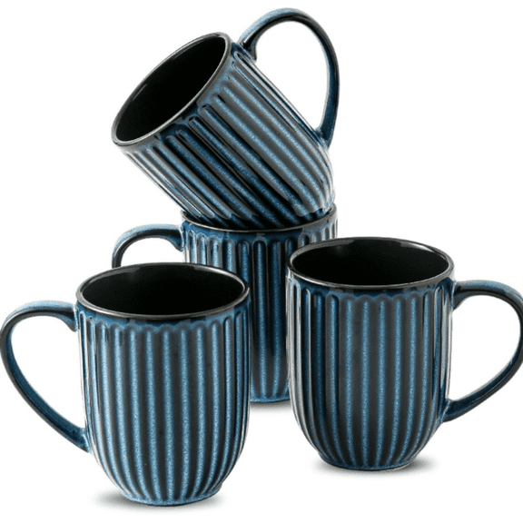 Coffee Mugs Set, 16 oz Ceramic Coffee Cups, Ribbed Tea Cup Set of 4, Dishwasher & Microwave Safe, Wedding, Housewarming Gift, Navy Blue