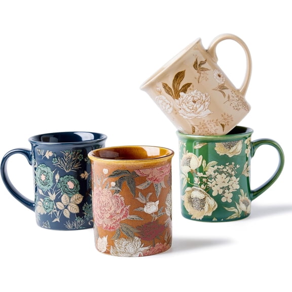 Coffee Mugs Set of 4, 12oz Ceramic Tea Cups with Floral Design, Hand wash only, Microwaveable, Gift Box, Perfect for Cappuccino, Latte, Hot ChocolateTazas Para Caf Bonitas (Royal Bloom)