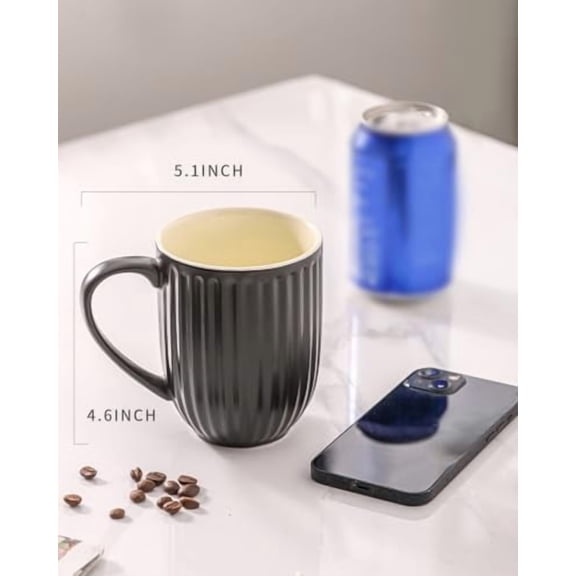 Coffee Mugs Set of 4, 16 Oz Large Ceramic Ribbed Latte Cups with Big Handle for Coffee, Tea and Cocoa, Modern Design & Light Weight, Microwave & Dishwasher Safe, Black
