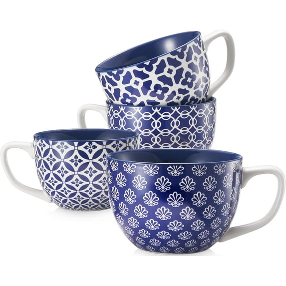 Coffee Mug Set 4 Piece, 24 Ounce Large Coffee Mug, Giant Soup Mug with Handle, Cereal Latte Ceramic Coffee Mug for Men and Women, Housewarming Wedding Gift, Vintage Blue