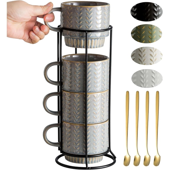 Coffee Mugs Set of 4 with Spoons & Stand, Stackable Espresso Cups 13oz Coffee Mug for Drinks Latte Cappuccino Tea, Coffee Cup for Housewarming Birthday Gift,Father's Day,Dishwasher Safe