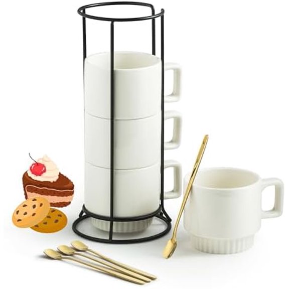 Coffee Mugs Set of 4, Stackable Coffee Cups with Holder Spoons 11oz Ceramic Espresso Cup for Cappuccino Latte Tea Drinks, Dishwasher & Microwave Safe, White