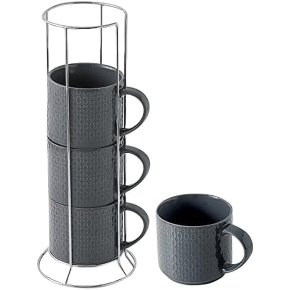 Coffee Mugs Set of 4 with Stand, 15 oz Porcelain Stackable Coffee Cups Set with handle for Tea, Latte, Milk and Cappuccino, Grey Embossed Tea Cups Set with Geometric Patterns for Men and Women