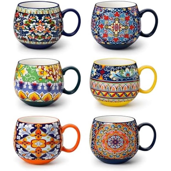 Coffee Mugs Set of 6, Coffee Cups Ceramic 16oz, Porcelain Coffee Mugs for Cappuccino, Latte, Espresso, Colorful Coffee Mugs with Handle, Rounded Boho Mugs, Microwave & Dishwasher Safe