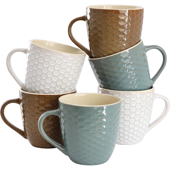 Coffee Mugs Set of 6 15 oz Honeycomb Textured Tea Cups with Glossy Finish Durable Ceramic Mugs for Hot Beverages, Cocoa