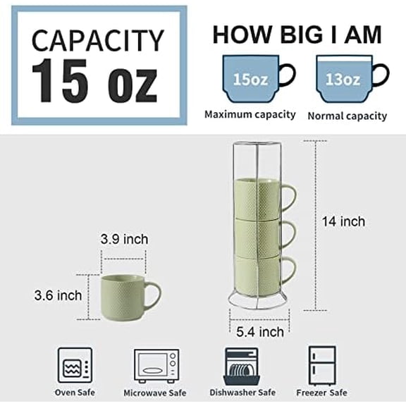 Coffee Mugs Set with rack, 15 Ounce Porcelain Stackable Large Coffee Cups Set of 4 with handle for Drinks Like Tea, Cappuccino, Milk, Mocha and Cereal, Microwave & Dishwasher Safe, Green