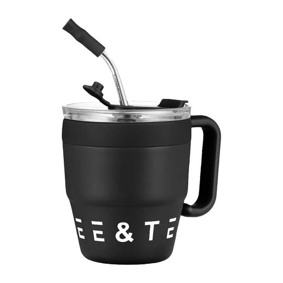 Coffee Mugs | Stainless Steel Insulated Travel Mug, Double Wall Car Cup with Handle & Straw - Star Print Thermal Drinkware for Hot/Cold Beverages, Commuter Essentials Black