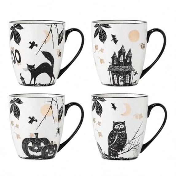 Coffee Mugs Vintage Haunted Halloween 12 Oz Mugs Set of 4 Porcelain Assorted Drinkware Set Spooky Fall Decor Dishwasher Safe Microwave Safe Halloween Decor Indoor White/Black 4 Piece