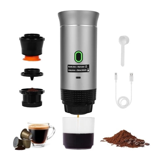 Coffee My Cup Portable Espresso Maker 3-in-1 Travel Coffee Machine with USB-C | Ground Coffee, Nespresso & Dolce Gusto Compatible (Silver)