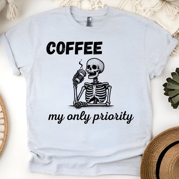 Coffee My Only Priority Skeleton Graphic T-Shirt for Adults, Ash, Size M