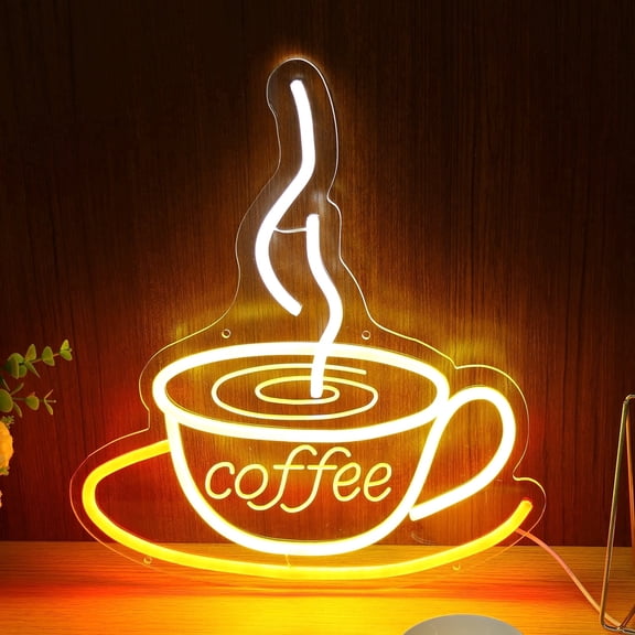 Coffee Neon Signs for Wall Decor USB Powered LED Coffee Bar Hanging Sign with Metal Chain 6 Brightness Mode for Home Store
