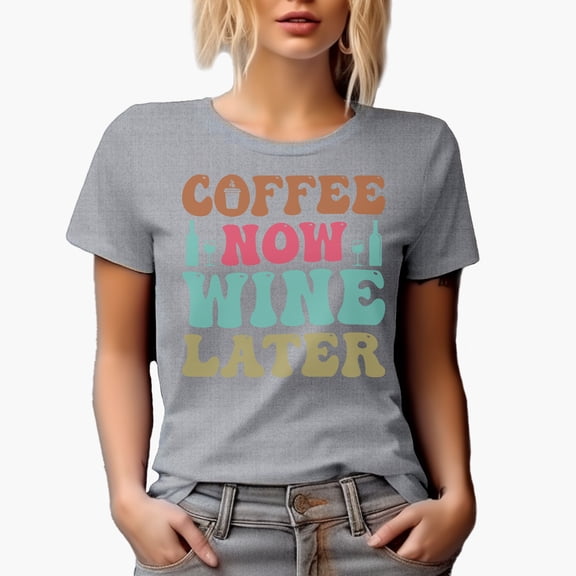 Coffee Now, Wine Later Quote, Groovy Retro Wavy Text Merch Gift, Heather Grey T-Shirt, Small