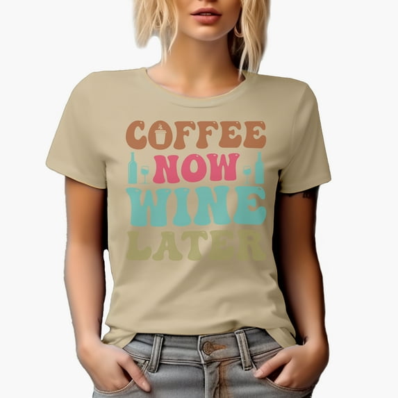 Coffee Now, Wine Later Quote, Groovy Retro Wavy Text Merch Gift, Tan T-Shirt, 2XL