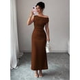 thumbnail image 1 of Coffee Off-The-Shoulder Waist-Cinched Bodycon Maxi Dress For Women, 1 of 6