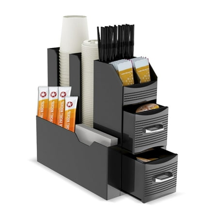Coffee Organizer Station, Cup and Condiment Station, 10-Section Coffee Bar Organizer Tray - Compact Condiment Caddy with Cup Storage for Home & Office, Black
