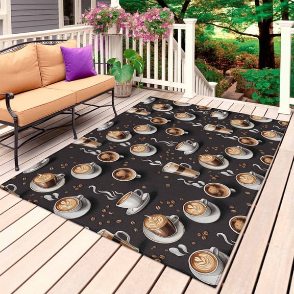 Coffee Outdoor Rug 5x7 Ft, Non Slip Washable Area Rug, Hot Cafe Cup Beans Modern Retro Black Patio Rugs Carpet Runner, Large Floor Mat for Indoor/Outdoor Deck Porch Camping