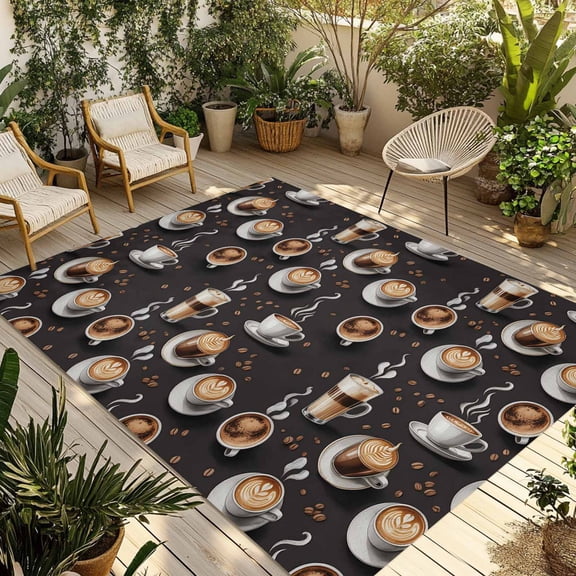 Coffee Outdoor Rug for Patio/Deck/Porch, Non-Slip Large Area Rug 3 x 5 Ft, Hot Cafe Cup Beans Modern Retro Black Indoor Outdoor Rugs Washable Area Rugs, Reversible Camping Rug Carpet Runner