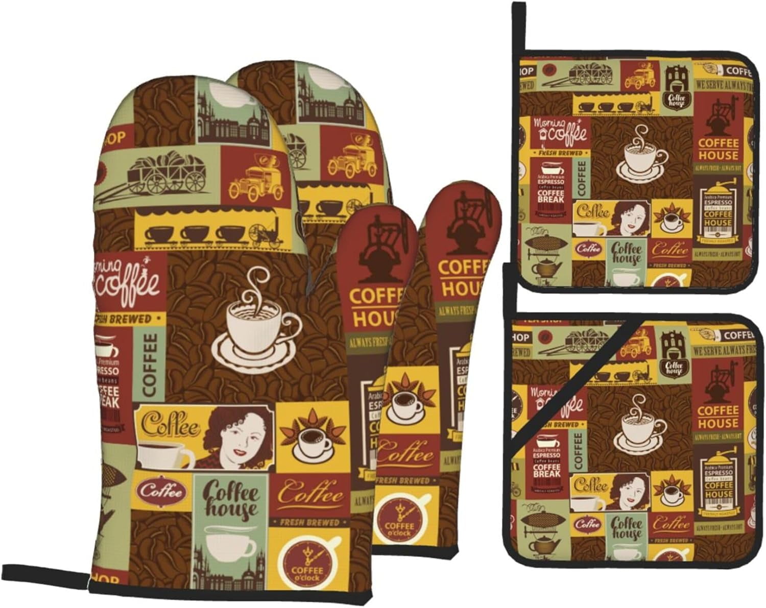 Farmhouse Oven Mitts & Pot Holders Set Of 4 - Rustic Wood Print, Heat-Resistant (7.3x11in Mitts, 8x8in Pads)
