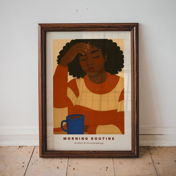 Coffee And Overthinking, Kitchen Wall Art Decor, Slow Mornings Poster, Black Woman, Contemporary Art, Aesthetic Home Decor, Stretched Canvas Size 8x12