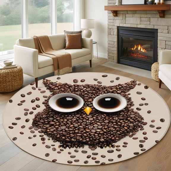 Coffee Owl 8' Round Area Rug, Cute Bird Big Eyes Animals Brown Beans Washable Non-Slip Large Circle Rugs for Living Room Bedroom, Soft Low Pile Rug Carpet for Dining Room Kitchen Farmhouse