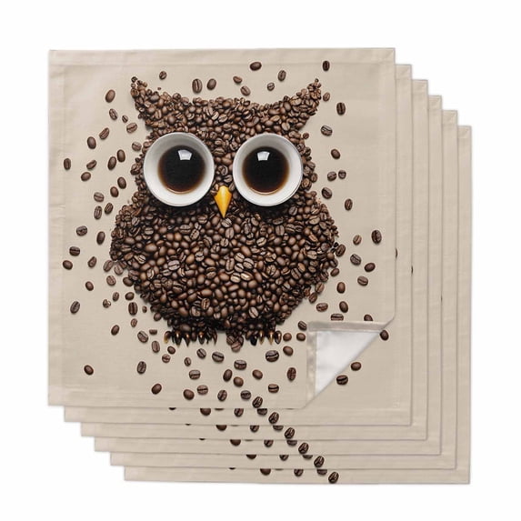 Coffee Owl Cloth Napkins, Cute Bird Big Eyes Animals Brown Beans Washable and Reusable Dinner Napkins Set of 6, Table Napkin for Kitchen Party Birthday Wedding Hotel Housewarming 20"x20"
