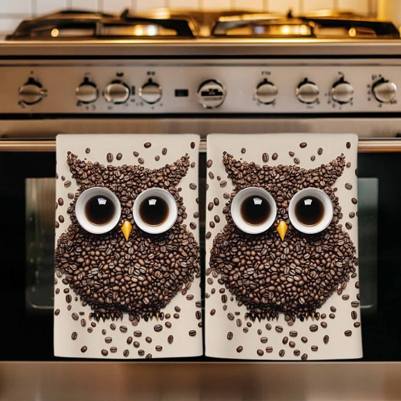 Coffee Owl Kitchen Towels Set of 1, Cute Bird Big Eyes Animals Brown Beans Absorbent Dish Towels for Kitchen, Microfiber Hand Towel, Quick Drying Tea Towel for Cleaning Decorative Dishcloths